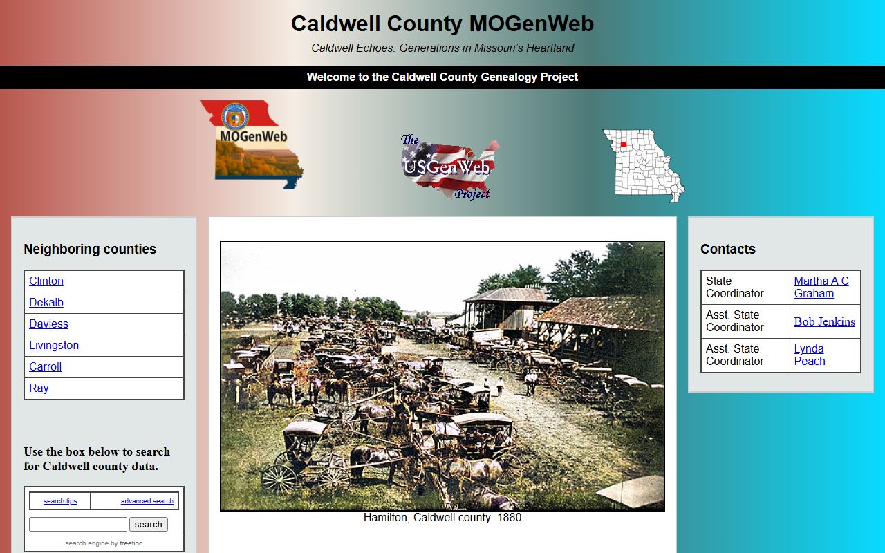 Caldwell County MOGenWeb page with local genealogy records and research links