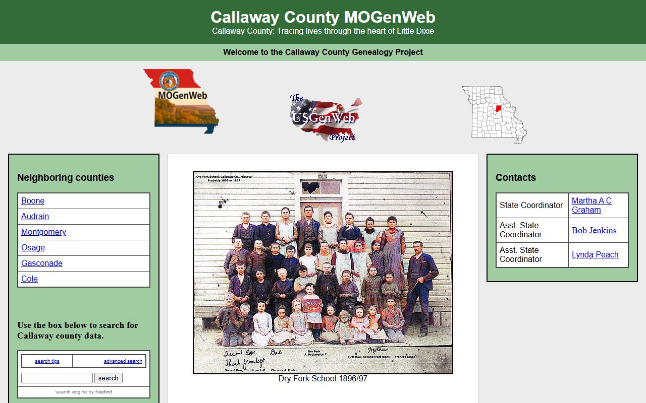 Callaway County MOGenWeb page with genealogy records and family history resources
