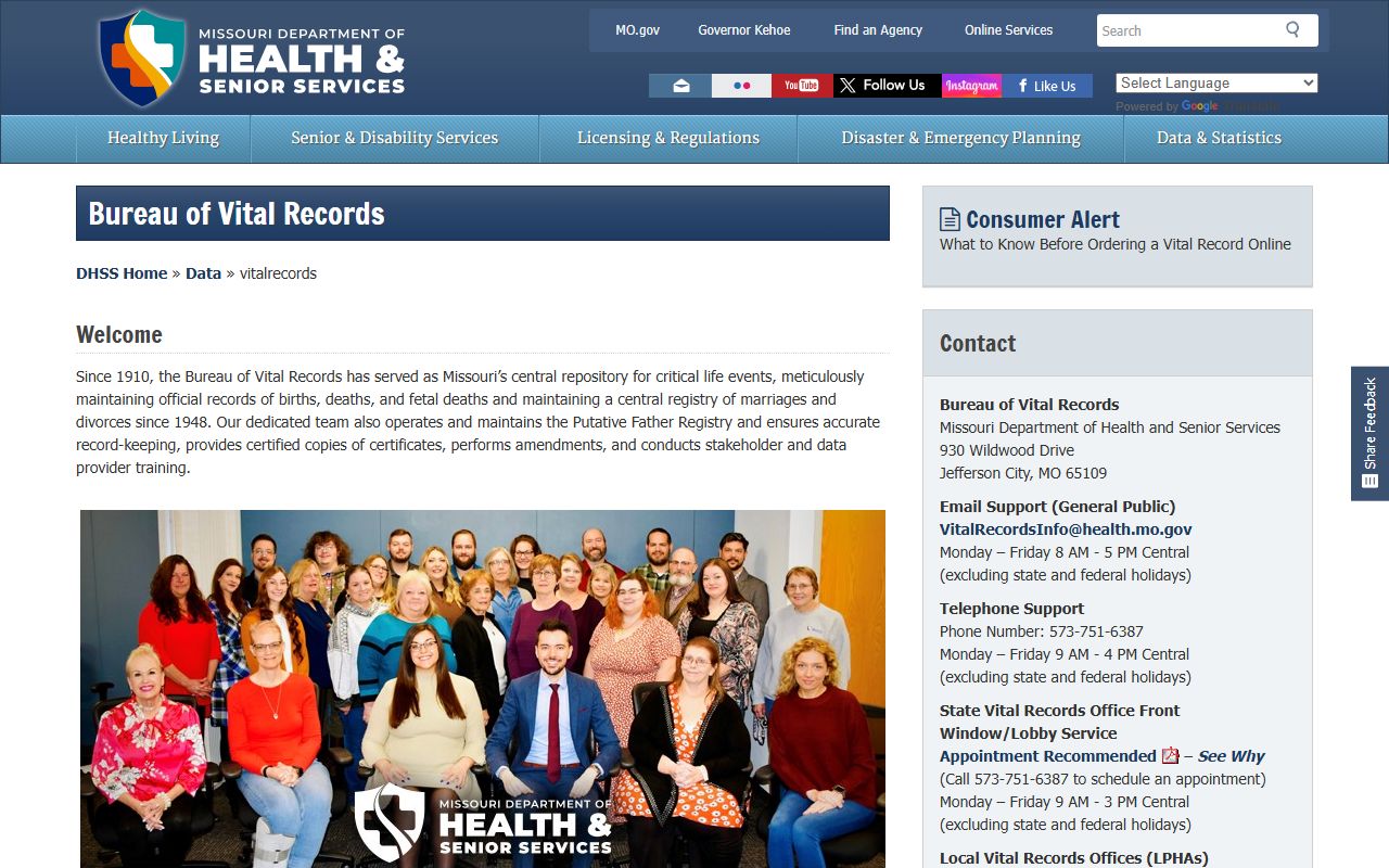 Missouri Bureau of Vital Records website showing genealogy record request options