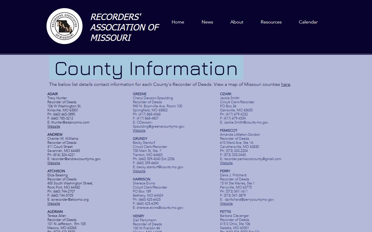 Missouri county recorder directory page with links to all 114 county recorder offices